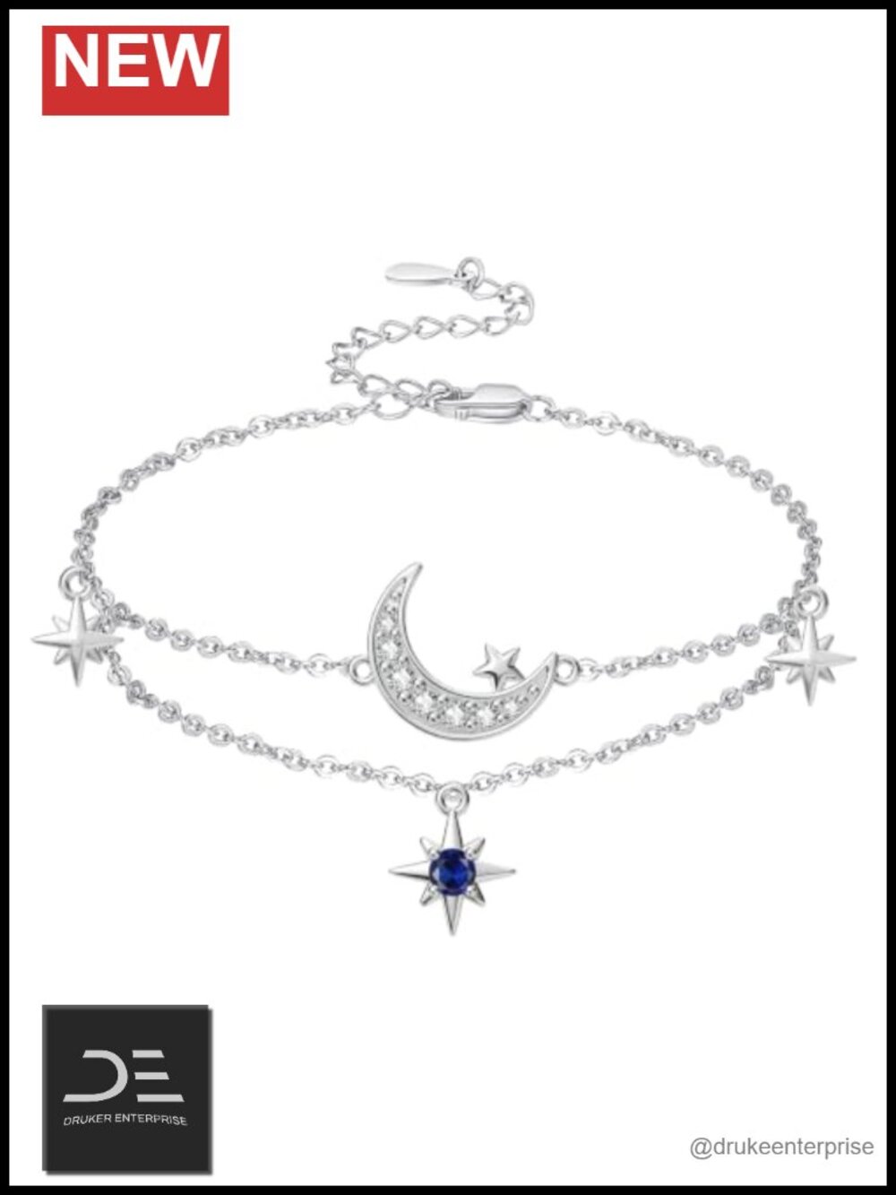 Moon and Star Bracelet 925 Sterling Silver Dainty Link Chain